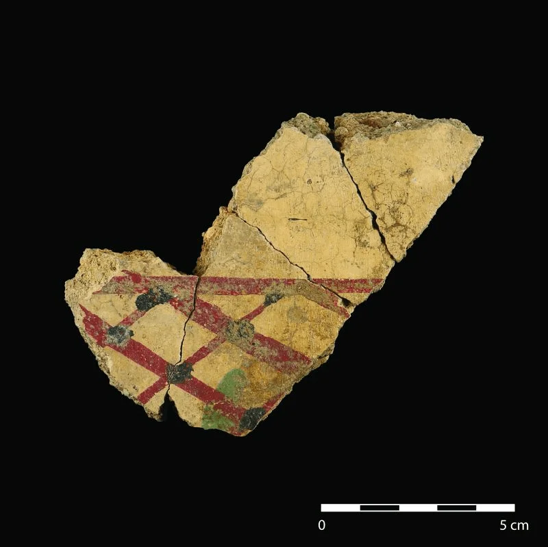 Figure 6:Wall plaster painted with a trellis (red) and leaf (green) design